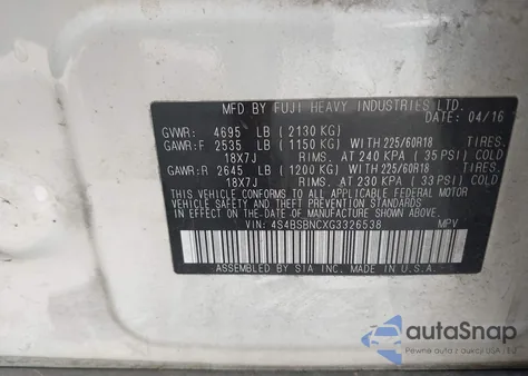 2016 Subaru Outback 2.5I Limited z USA, uszkodzony, nr VIN 4S4BSBNCXG3326538